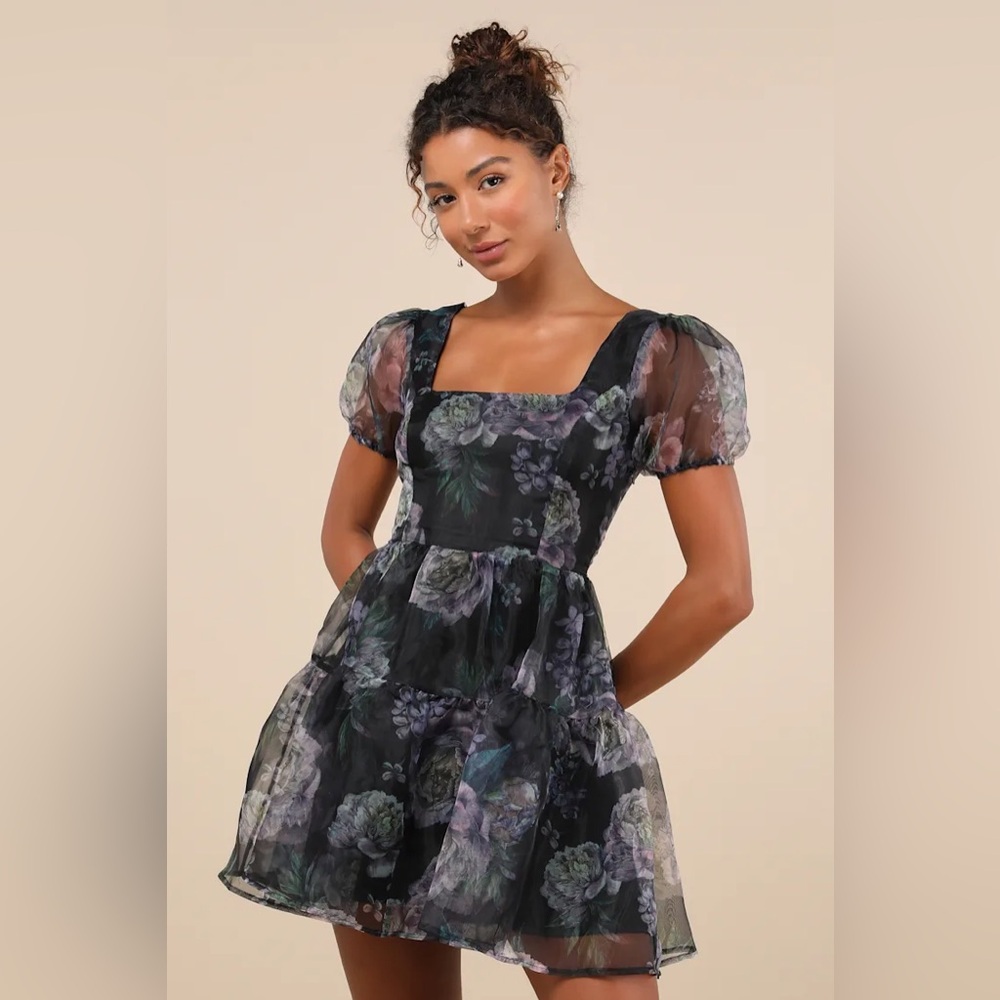 Lulu's Black Floral Puff Sleeve Mini Dress